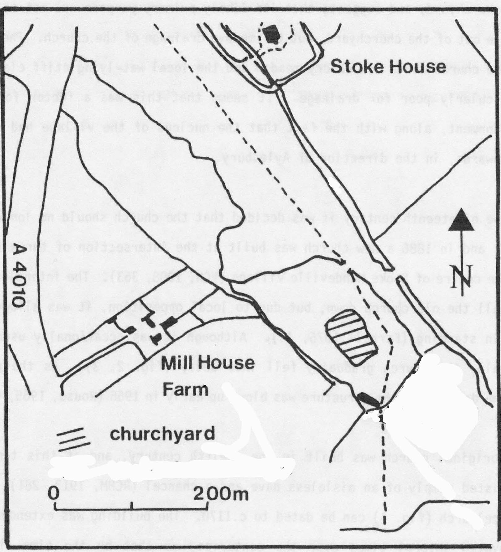 A plan of the deserted village site, showing 
												the churchyard and three ‘leats’