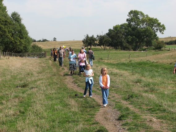 Visitors leaving the deserted medieval village at Quarrendon